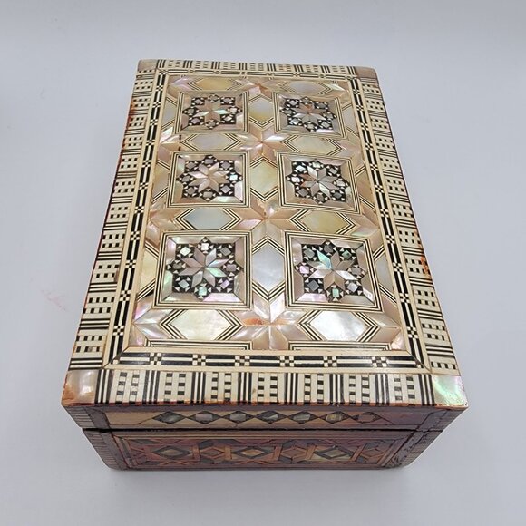 Handmade Other - Egyptian Handmade Wood Jewelry Box Inlaid Mother of Pearl Detail Collectible